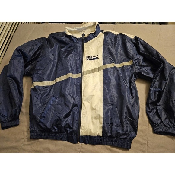 Y2K First Down Windbreaker Jacket Mens XXL 2XL Blue & White Activewear Sports - Picture 1 of 12